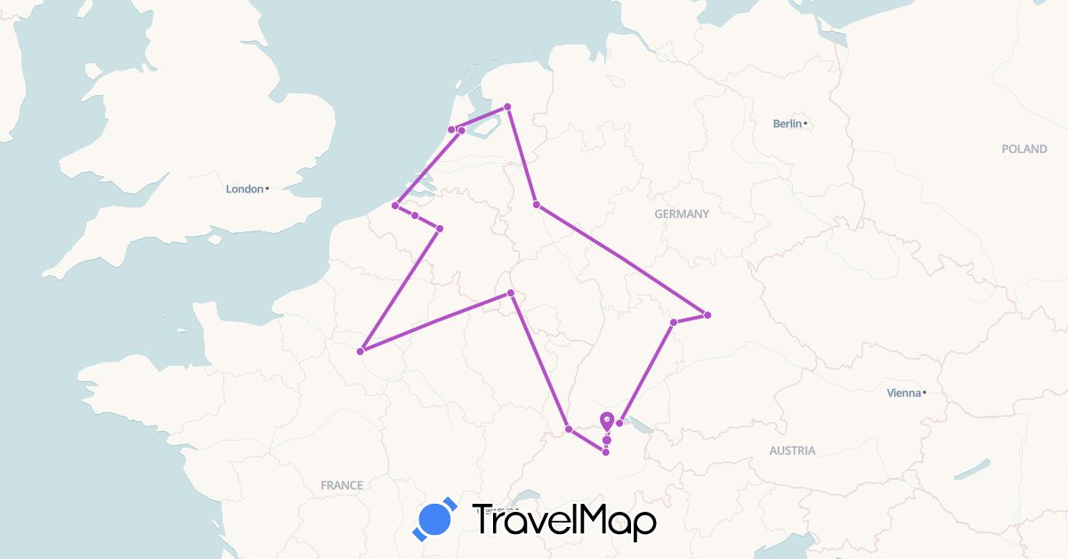 TravelMap itinerary: driving, train in Belgium, Switzerland, Germany, France, Luxembourg, Netherlands (Europe)